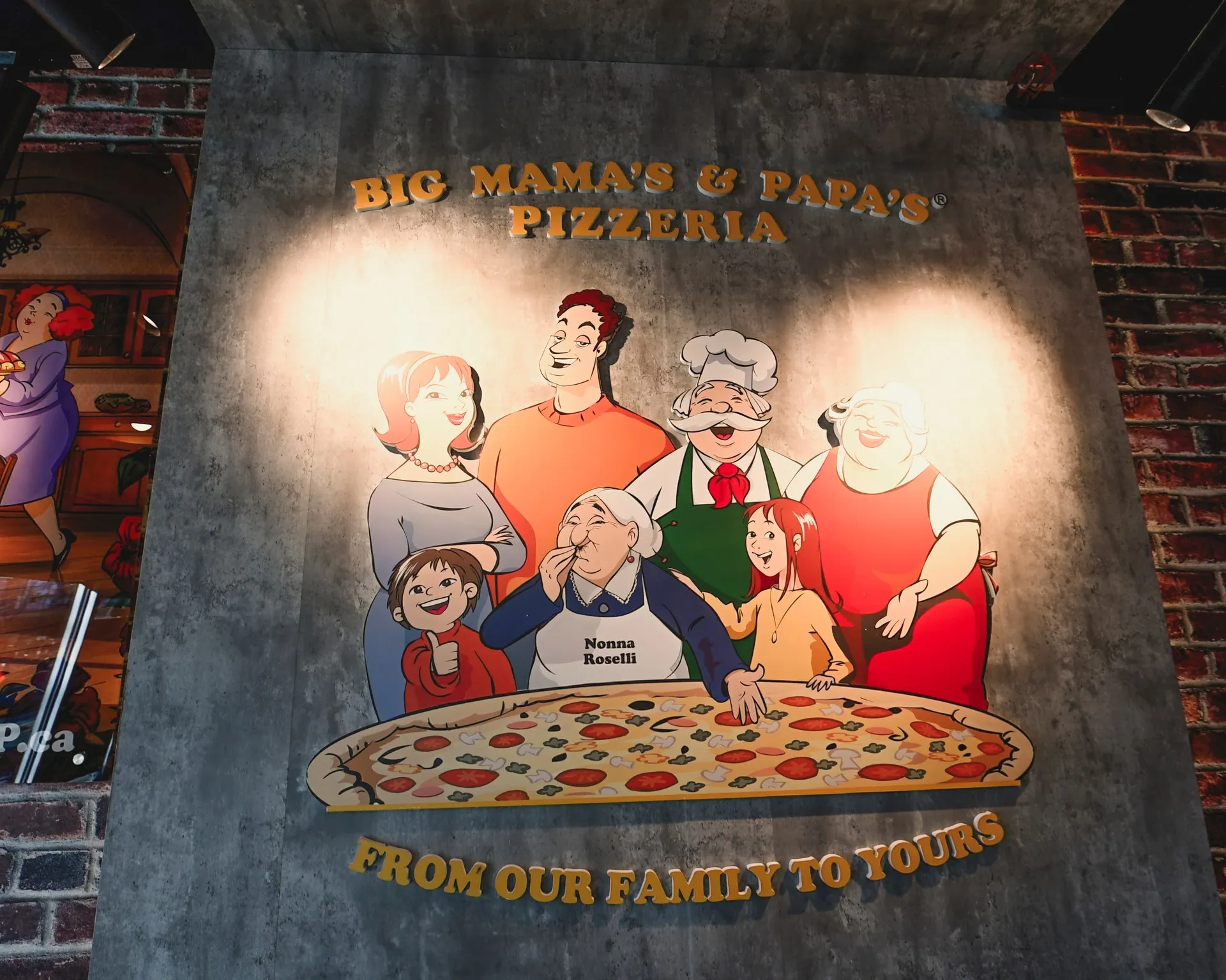 Custom 3D Italian family cartoon feature wall mural with illuminated accent spotlights — BIG MAMA'S & PAPA'S PIZZERIA — SURREY, BC