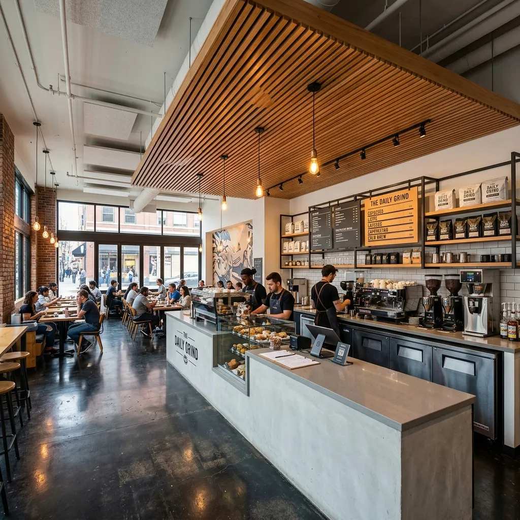 Cafe interior with timber ceiling panels, a long service counter and window seating — STARBUCKS — CLOVERDALE, BC